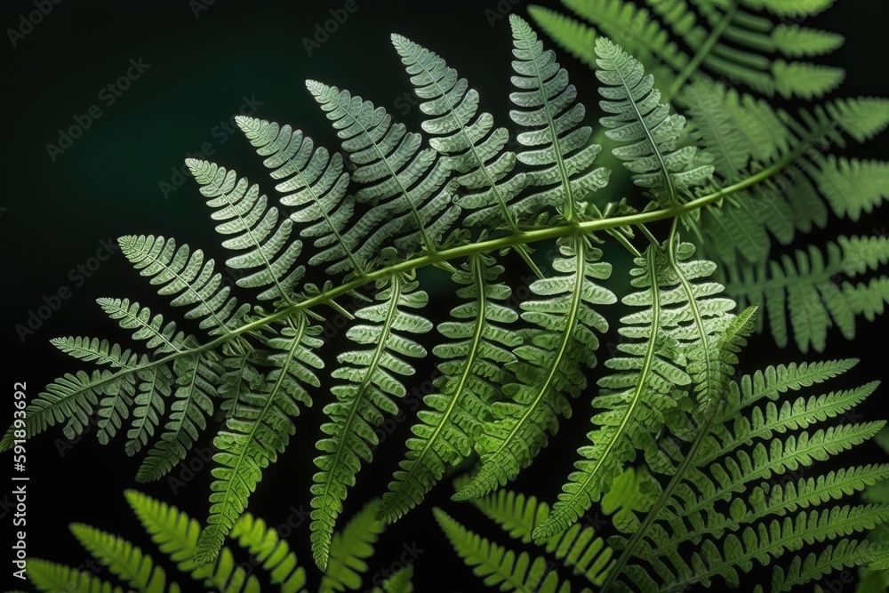 close-up view of a green fern leaf on a dark background. Generative AI