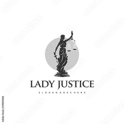 Women blindfolded take scale and sword lawyer logo design inspiration