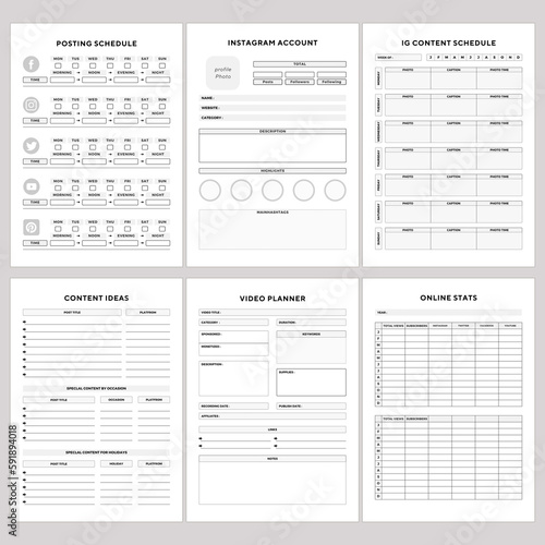Minimalist planner pages templates. Printable Life & Business Planner Set. posting schedule, instagram account, IG content schedule, content ideas, video planner, online stats,