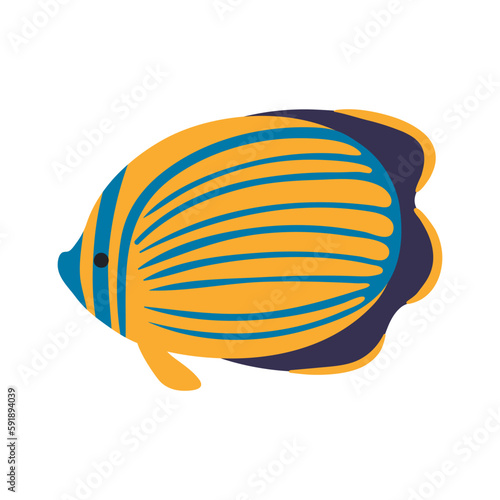 Coral reef fish, angelfish hand drawn illustration. Cartoon style flat design, isolated vector. Kids summer print, seasonal element, holidays, vacations, beach, marine life, aquatic animal