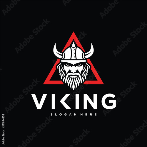 Vikings logo design. Nordic warrior symbol. Horned Norseman emblem. Barbarian man head icon with horn helmet and beard