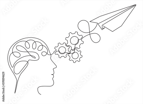 continuous modern drawing of a human head and brain thinking about Startup business idea. Brain, Paper plane flying up connected with gears in one continuous line drawing.
