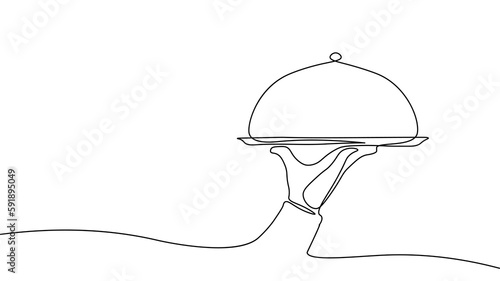 One line continuous waiter with tray closed lid restaurant concept. Hot dishes tasty dinner catering system business. Digital chef gastronomy single line sketch drawing vector illustration