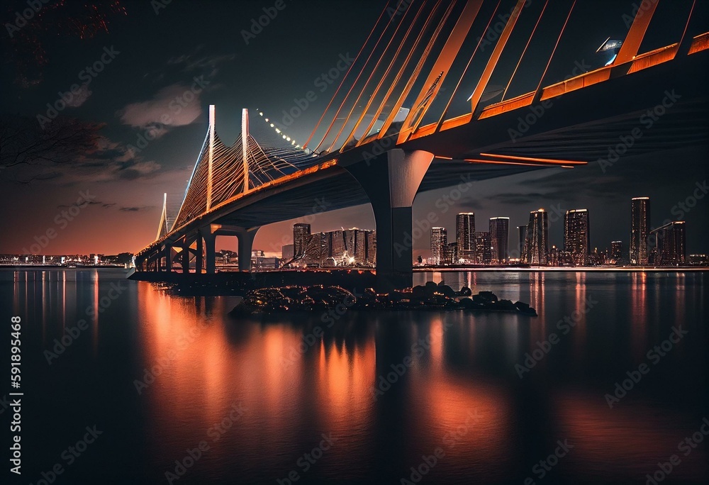 a bridge that is over water with a city in the background at night time with lights on it and a city skyline in the background. generative ai
