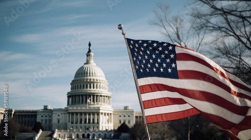 the flag of the United States of America on the background of the capitol, created by a neural network, Generative AI technology