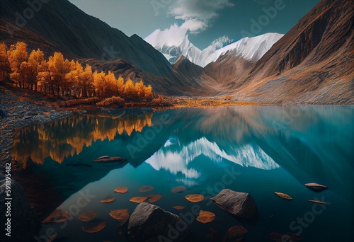 Clear Lake on the mighty Himalayas background. Strength and beauty of wild virgin nature. Altai Mountains Highland Nature Autumn . Generative AI