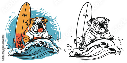 A beach loving bulldog catching some waves on a surfboard.Illustration of T-shirt design graphic.