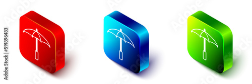 Isometric Sun protective umbrella for beach icon isolated on white background. Large parasol for outdoor space. Beach umbrella. Red, blue and green square button. Vector