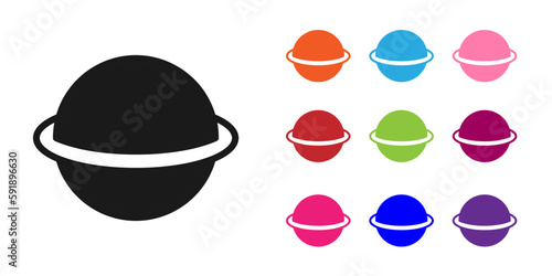 Black Planet Saturn with planetary ring system icon isolated on white background. Set icons colorful. Vector