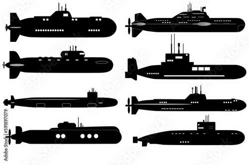 Submarine black silhouette set. Isolated on a white background. logos, icons