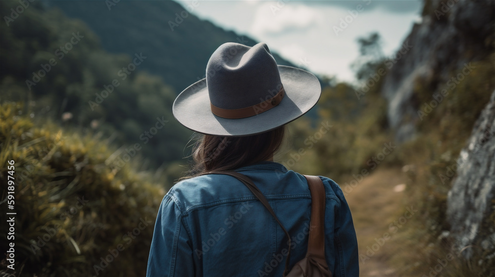 Woman travelling photo from behind wearing a blue hat, Instagram style, in mountain area, hiking, holiday, generative AI Woman travelling photo from behind wearing a blue hat, Instagram style, in mountain area, hiking, holiday, generative AI