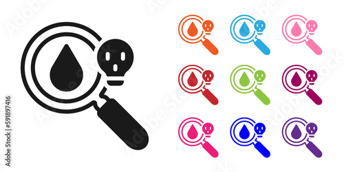 Black Poisonous research magnifying glass icon isolated on white background. Set icons colorful. Vector