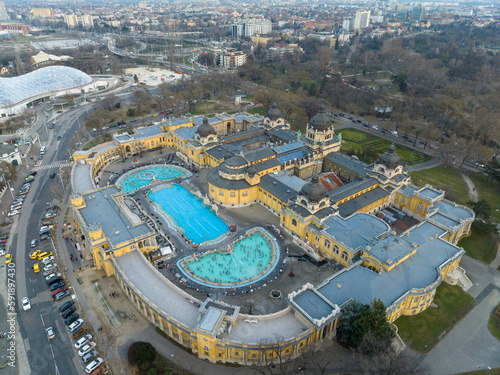Thermal Bath Szechenyi in Budapest, Hungary. People in Water Pool. Drone Point of View.
