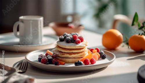  Desayuno delicioso. Panqueques y frutas frescas photo