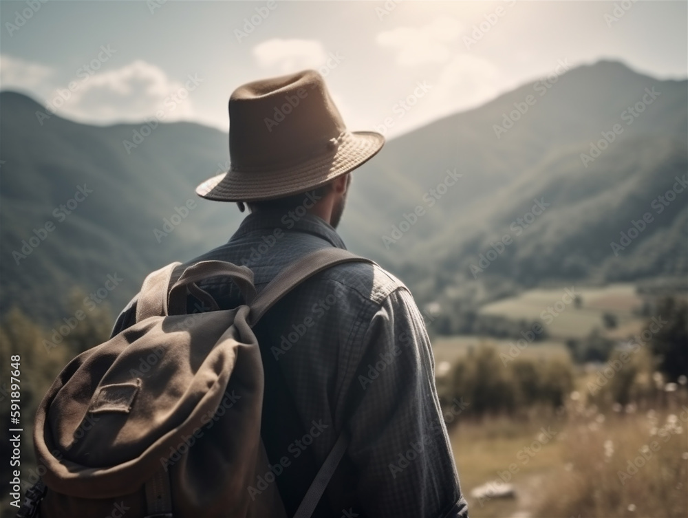 Man travelling photo from behind wearing a backpack and beige hat, Instagram style, in mountain area, hiking, holiday, generative AI Man travelling photo from behind wearing a backpack and beige hat, Instagram style, in mountain area, hiking, holiday, generative AI