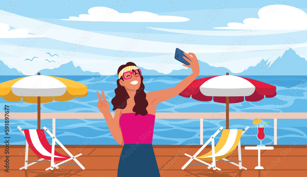 Vector illustration of a girl on vacation taking a selfie. Cartoon scene with a smiling girl taking a selfie on vacation with a beautiful sea view, seagulls, a beach umbrella and a cocktail.