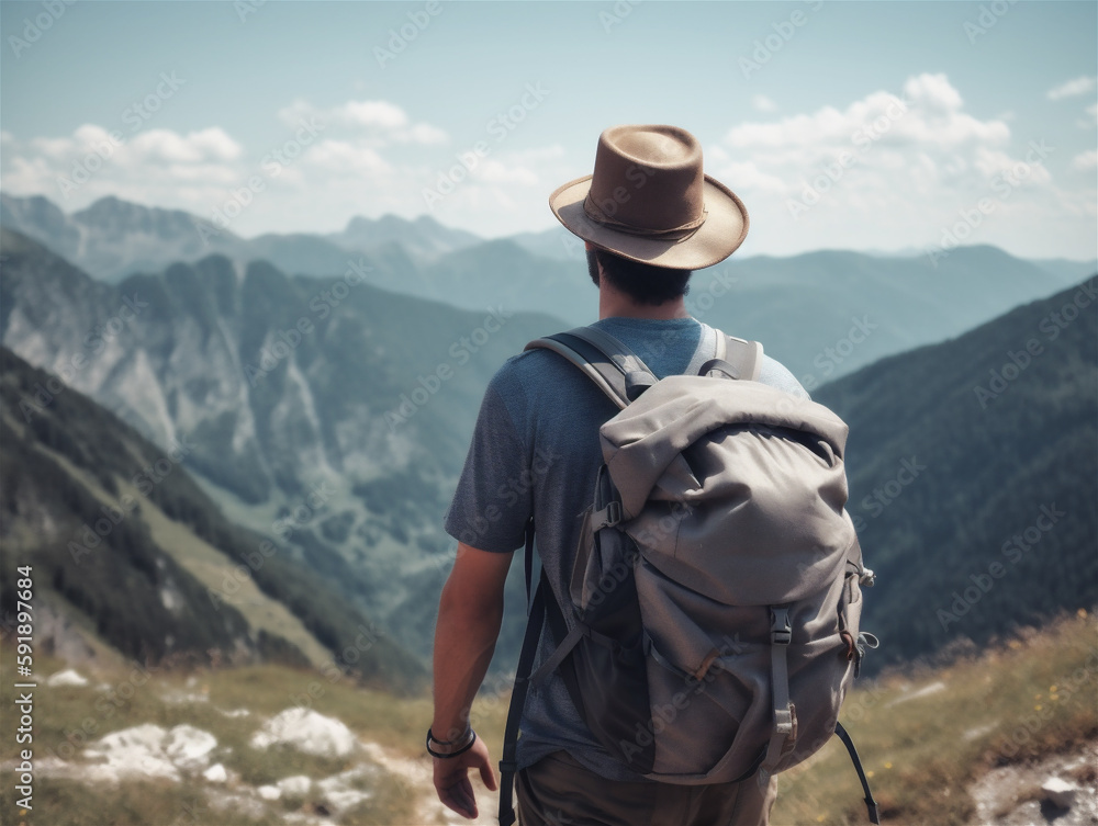 Man travelling photo from behind wearing a backpack and beige hat, Instagram style, in mountain area, hiking, holiday, generative AI