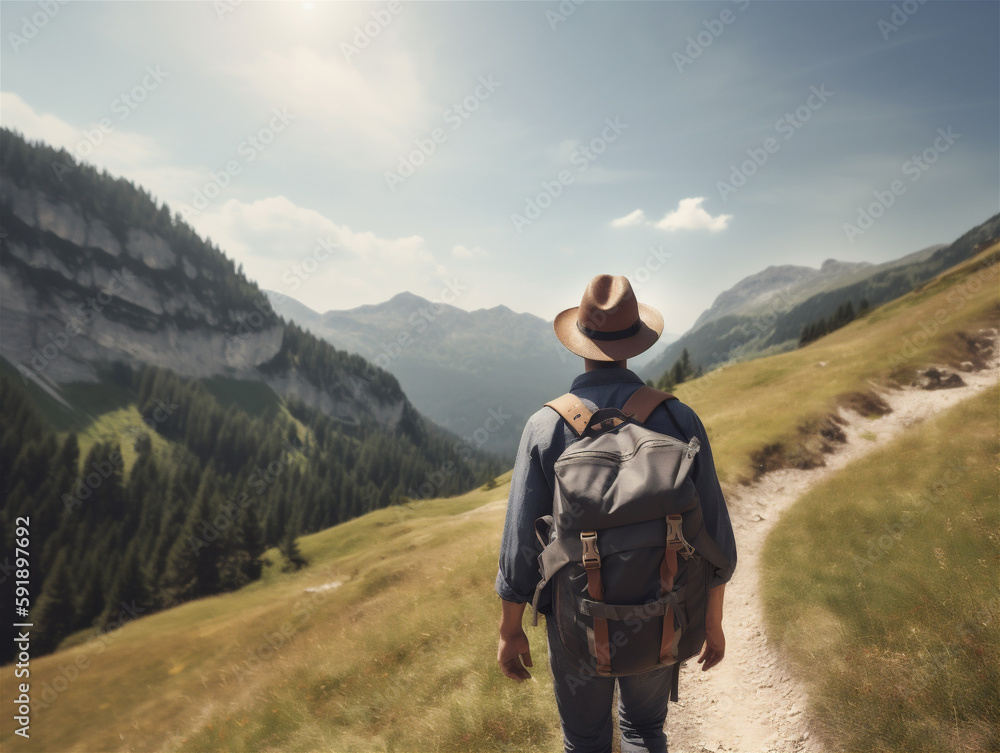 Man travelling photo from behind wearing a backpack and beige hat, Instagram style, in mountain area, hiking, holiday, generative AI