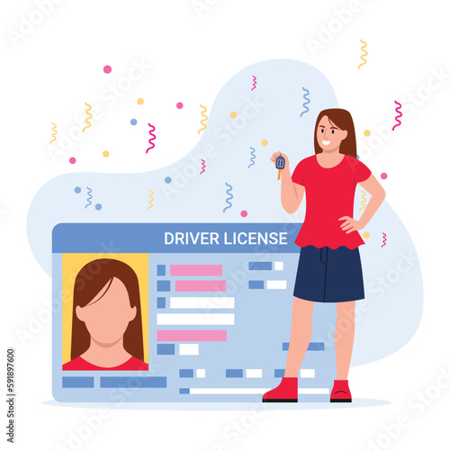 Vector illustration of a pretty girl with a drivers license. Cartoon scene with smiling girl holding car keys and drivers license and confetti isolated on white background.