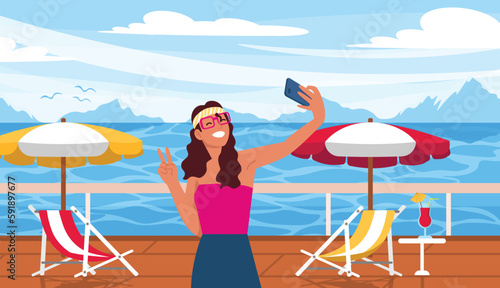 Vector illustration of a girl on vacation taking a selfie. Cartoon scene with a smiling girl taking a selfie on vacation with a beautiful sea view, seagulls, a beach umbrella and a cocktail.