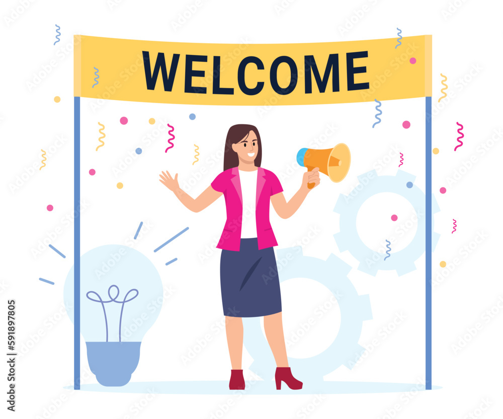 Vector illustration with a welcome poster. Cartoon scene with smiling girl with megaphone and welcome poster, confetti, inviting people isolated on white background. Welcome to the new team member. Vector illustration with a welcome poster. Cartoon scene with smiling girl with megaphone and welcome poster, confetti, inviting people isolated on white background. Welcome to the new team member.