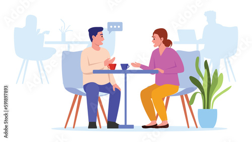 Vector illustration with a guy and a girl talking. Cartoon scene with a guy and a girl sitting at a table in a restaurant, drinking coffee and talking isolated on a white background.