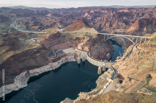 Hoover Dam in Nevada. Mountain and Colorado River in Background. Sightseeing Place. USA photo