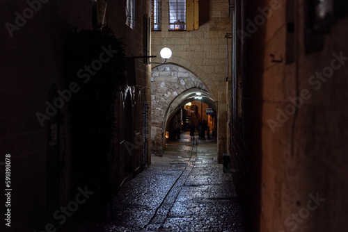 Jerusalem Old Town Streets with Night Light. Israel