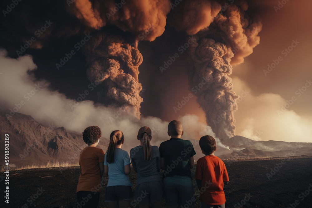 Obraz premium Group of people watching the eruption of a volcano on a background of smoke, Generative AI
