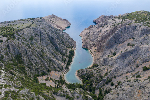 Zavratnica in Croatia. It is a 900 m long narrow inlet located at the foot of the mighty Velebit Mountains, in the northern part of the Adriatic Sea, 1 km south of Jablanac, Croatia.