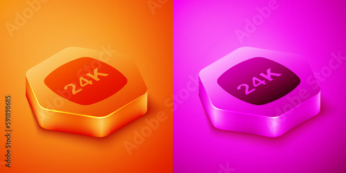 Isometric Gold bars 24k icon isolated on orange and pink background. Banking business concept. Hexagon button. Vector