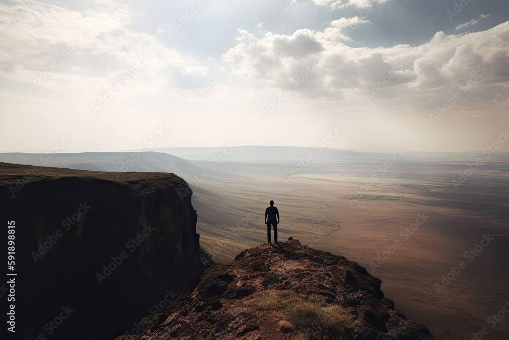 A silhouette of a man stands on a cliff overlooking a valley. AI generative image.