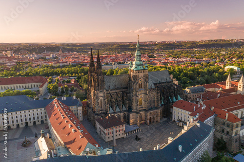 Wallpaper Mural Sunset in Prague Old Town with St. Vitus Cathedral and Prague castle complex with buildings revealing architecture from Roman style to Gothic 20th century. Prague, capital city of the Czech Republic Torontodigital.ca