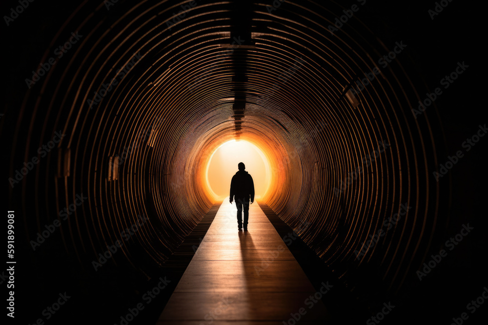 Silhouette of a person walking in a tunnel. AI generative image.