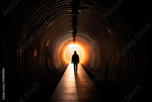 Obraz na płótnie Silhouette of a person walking in a tunnel. AI generative image. w salonie