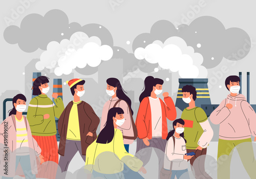 People in city smog. Man woman in protective face masks walking on street against factory pipes with industrial smog, dust pollution, toxic air harmful environmental, masked person in polluted city
