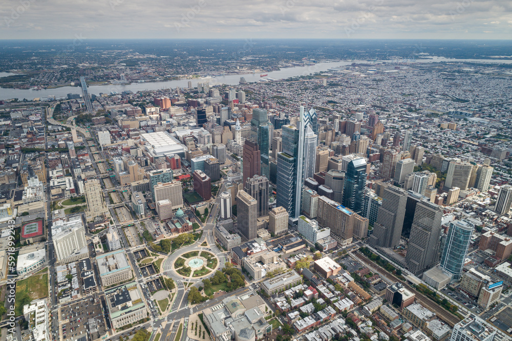 Top View of Downtown Skyline Philadelphia USA and City Hall. Philadelphia City Center, Pennsylvania. Business Financial District and Skyscrapers in Background.