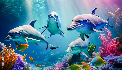 group of dolphins in colorful underwater, AI generative © Onchira