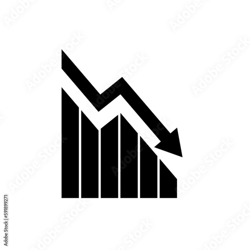 Graph down. Black icon graph decline with arrow isolated on white background. Hologram statistic. Deficit direction for business concept design. Analysis information forecast. Vector illustration