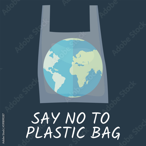 Pollution problem concept. Say no to plastic bags. Cartoon banner calling for stop using disposable polythene package. Fight against accumulation of plastic toxic products in environment, save nature