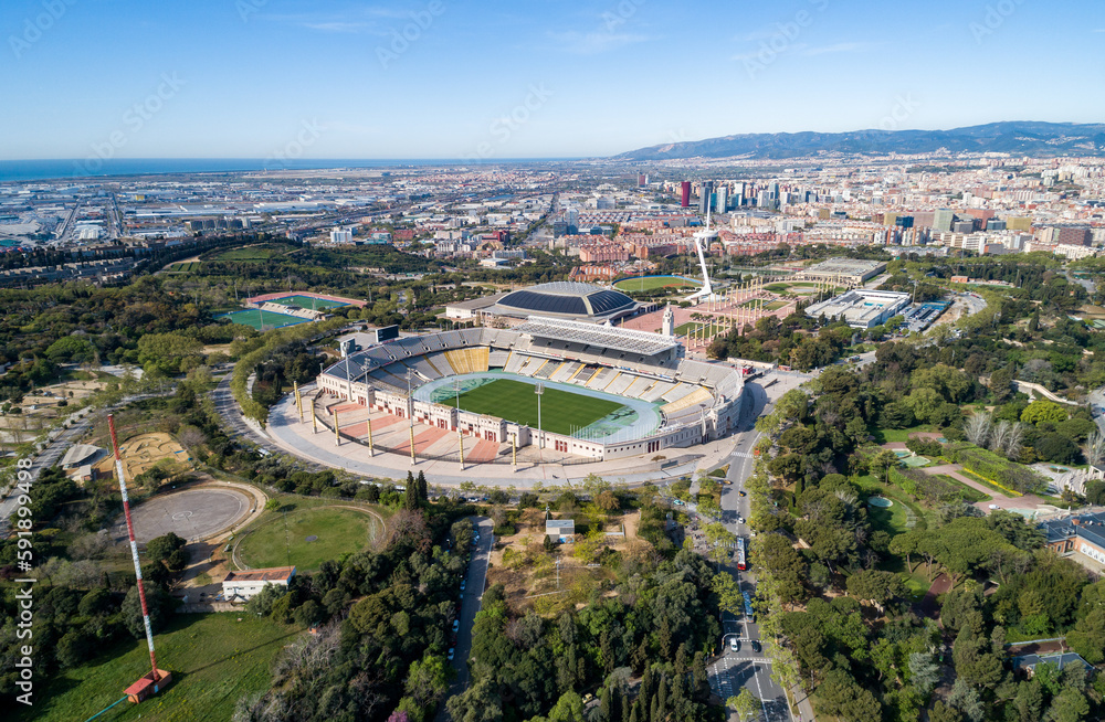View Point Of Barcelona in Spain. Olympic Stadium in Background. Sightseeing place.
