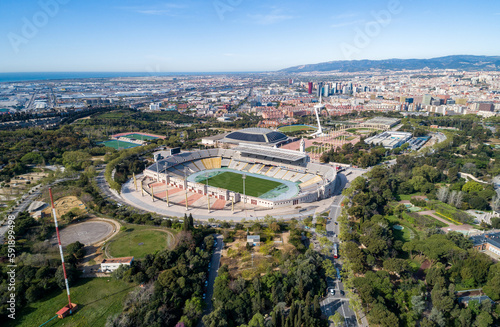 View Point Of Barcelona in Spain. Olympic Stadium in Background. Sightseeing place.