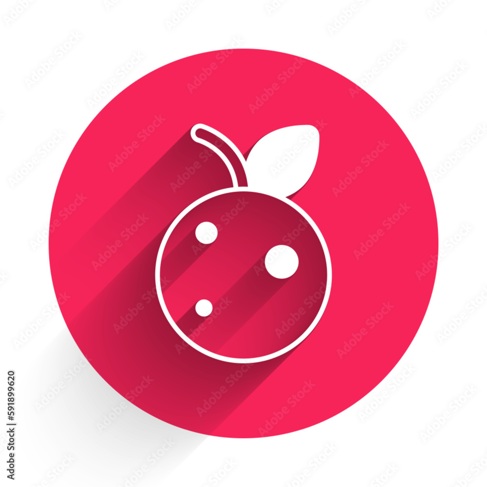 White Peach fruit or nectarine with leaf icon isolated with long shadow background. Red circle button. Vector White Peach fruit or nectarine with leaf icon isolated with long shadow background. Red circle button. Vector