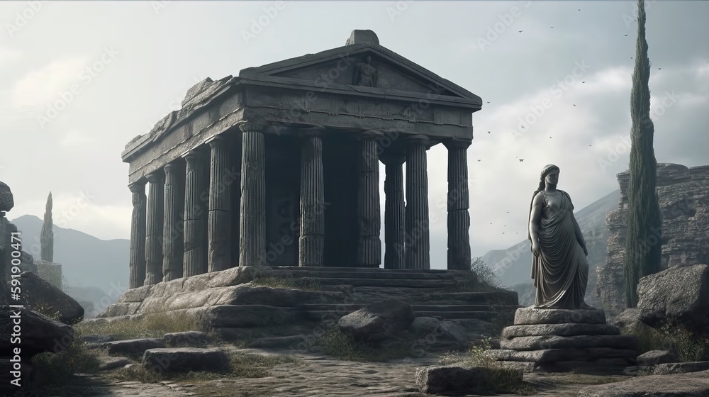 Ancient greek temple ruins with statue, Ancient greek civilization ...