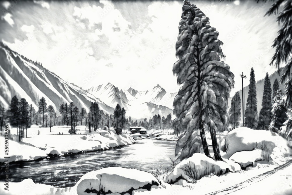 serene winter wonderland in black and white. Generative AI