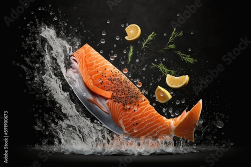 Fresh salmon fish with lemon and dill in water splash on black background