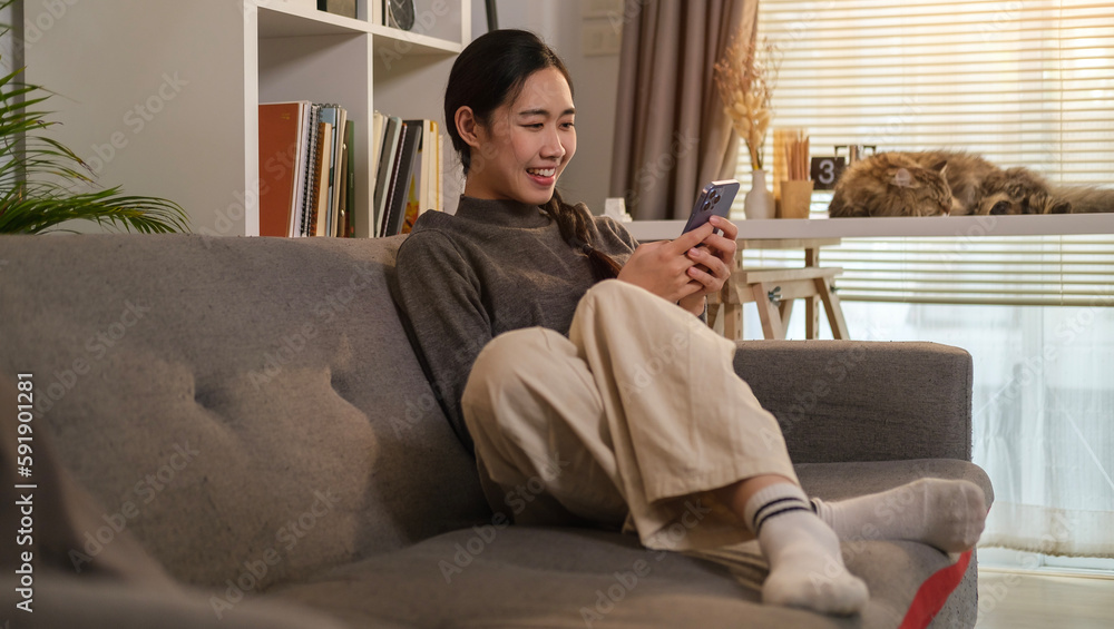 Obraz premium Smiling young woman sitting on couch at home shopping or chatting online in social network on mobile phone.