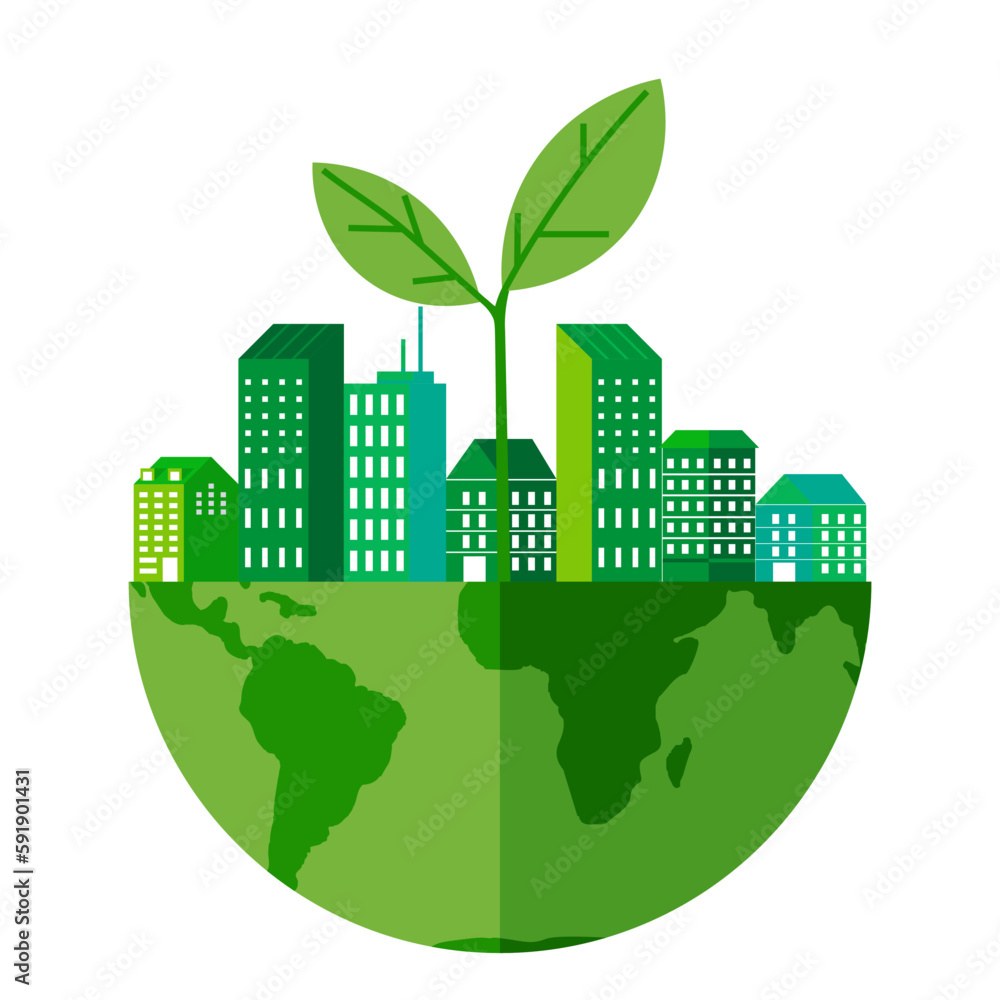 Environmentally friendly icon. Ecological concept with green eco land and blooming beautiful plant in cityskape wih tall buildings. Earth planet with sprout and agriculture element. Save nature