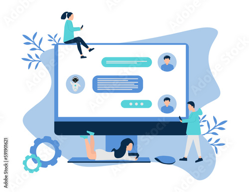 Illustration with artificial intelligence chat bot, character in the computer and chatting. The computer is surrounded by characters of people with a phone who communicate with the chat bot. 