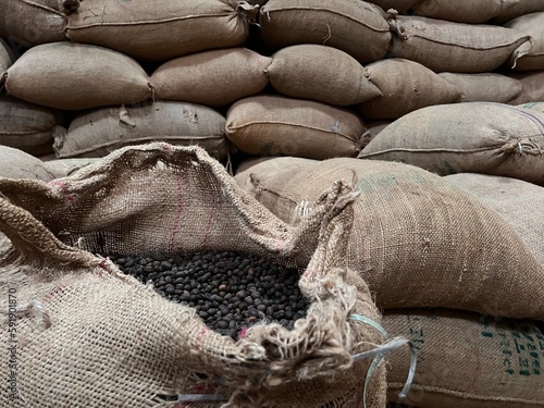 textile bag filled with roasted coffee beans waiting to be sold, Sidama, Ethipoia photo